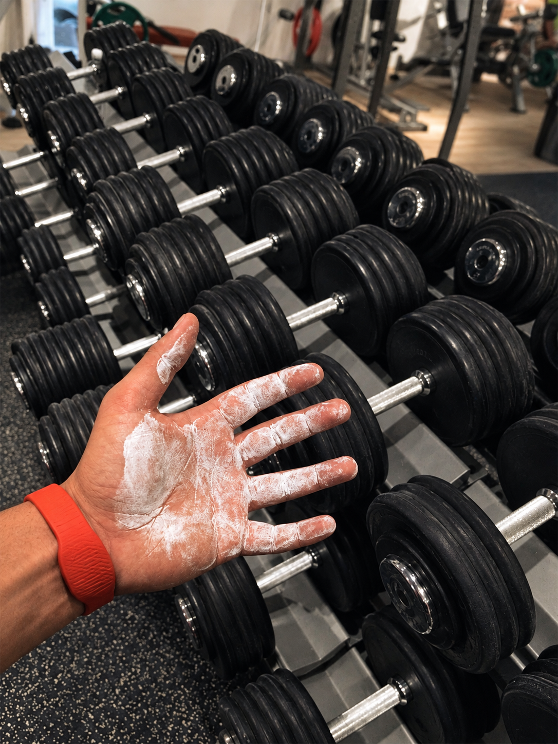 An open hand covered in lifting chalk, with an orange wristband, in front of a rack of black dumbbells